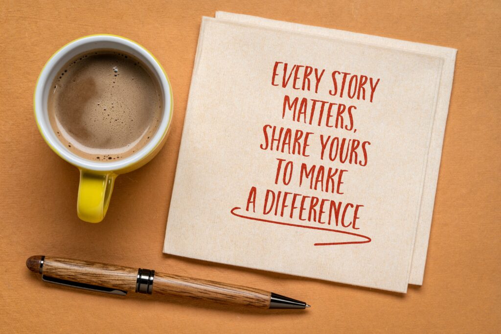 An open book with the words 'Every story matters, share yours to make a difference,' highlighting the importance of storytelling in speeches to inspire and connect.