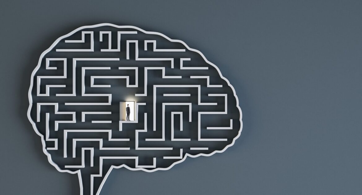 An illustration of a brain designed like a labyrinth with a person navigating through it, symbolizing the process of organizing thoughts to master impromptu speaking.