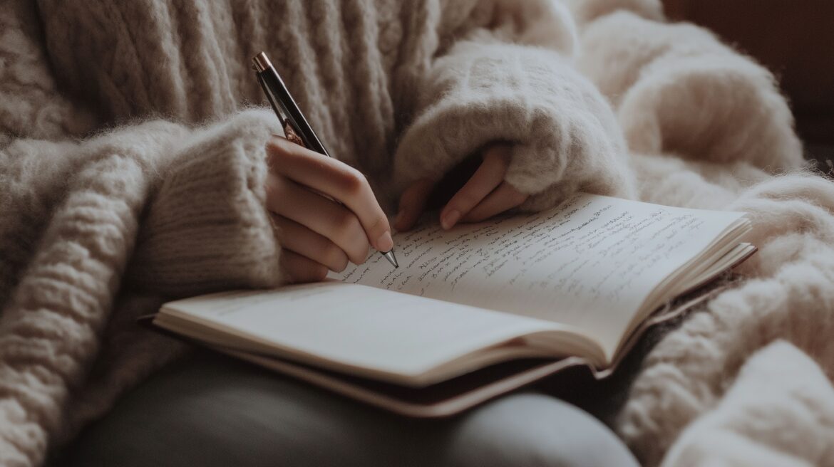 Woman writing in a diary, symbolizing the process of rewriting personal stories and creating new narratives.