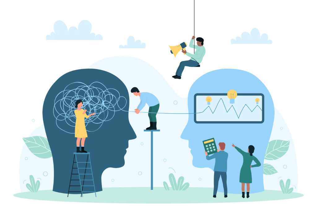 A vector illustration showing a head filled with tangled lines being sorted into clear, organized ideas by tiny people, symbolizing the process of mastering impromptu speaking through structure.