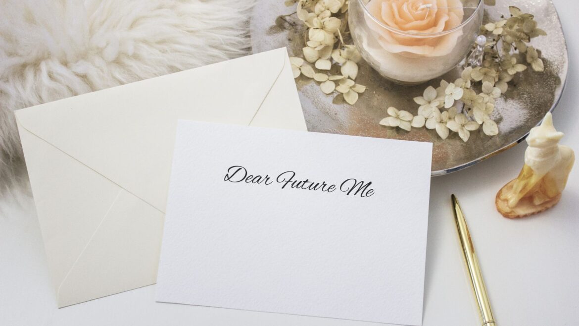 Handwritten letter with 'Dear Future Self' written on it, symbolizing self-reflection and personal growth through writing a letter to your future self.