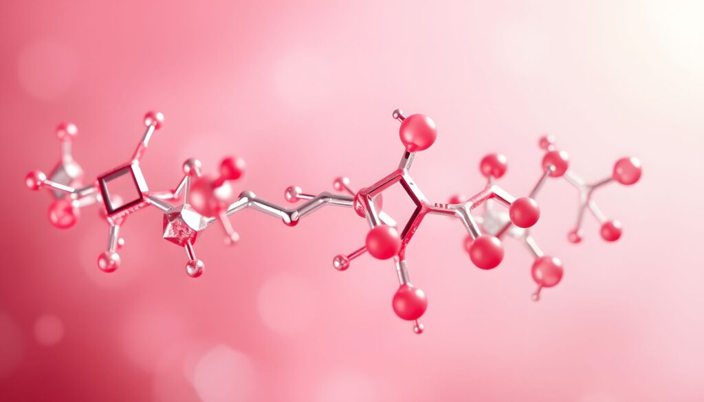 A visual representation of oxytocin’s chemical structure, illustrated in shades of red and pink—the colors of love—symbolizing how oxytocin in public speaking strengthens emotional connection and audience engagement."