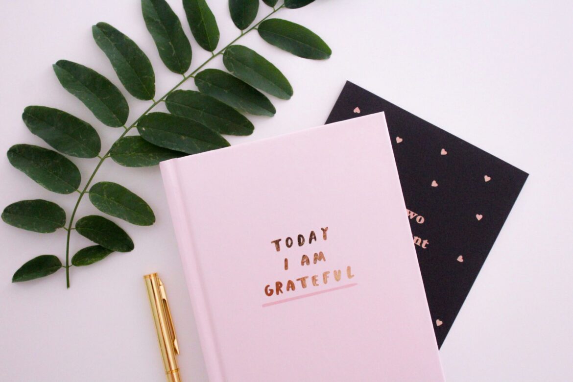 Closed journal with "Today I am grateful" on the cover, representing how gratitude helps build confidence and encourages a positive mindset.